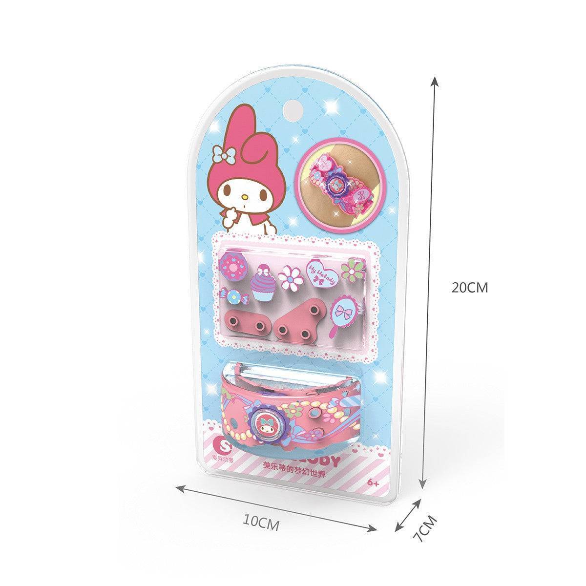 Sanrio My Melody Building Block Bracelet Kit packaging. Includes bracelet, decorative blocks, and compact 10x7x20cm packaging.