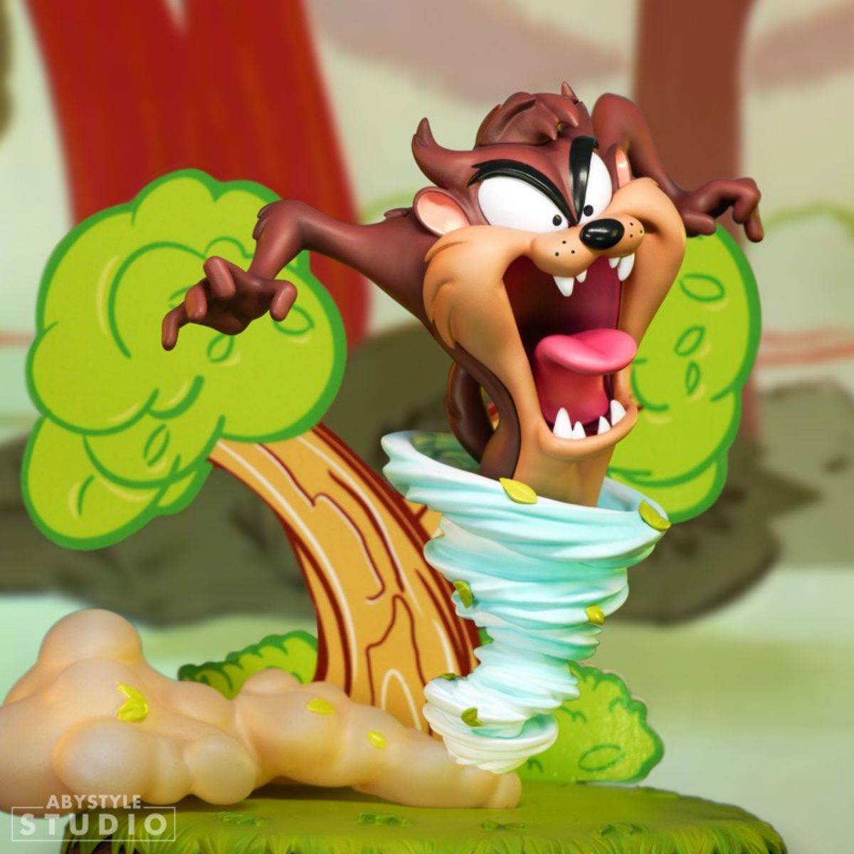 Detailed Looney Tunes Taz Figure by ABYstyle Studio, 12cm, capturing Taz’s wild energy in a spinning motion with a cartoonish jungle setting.