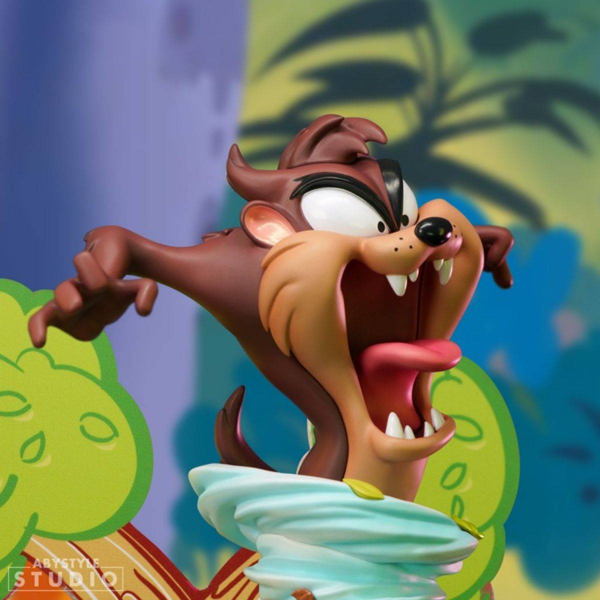 Close-up of ABYstyle Studio’s Looney Tunes Taz Figure, highlighting Taz’s fierce expression and whirlwind effect. A fun collectible piece.