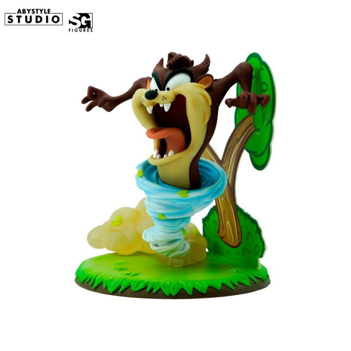 Side view of the ABYstyle Studio Looney Tunes Taz Figure, 12cm, showing Taz’s whirlwind motion and jungle-themed base. Ideal for display.