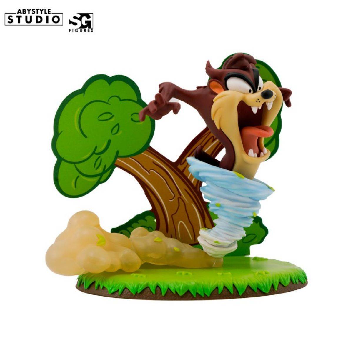 ABYstyle Studio’s Looney Tunes Taz Figure in a spinning pose with a dust cloud and tree, bringing the classic cartoon character to life.