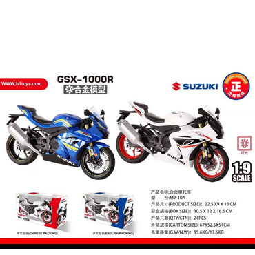 H1Toys Alloy Motorcycle Model GSX-1000R in blue and white color options, 1:9 scale Suzuki toy motorcycles for display or play.