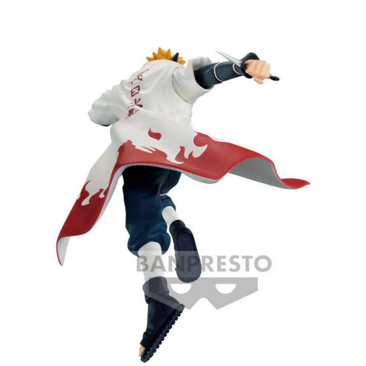 Rear view of Naruto Shippuden Minato Namikaze figure 18cm, highlighting the detailed flame-patterned Hokage cloak and kunai weapons.