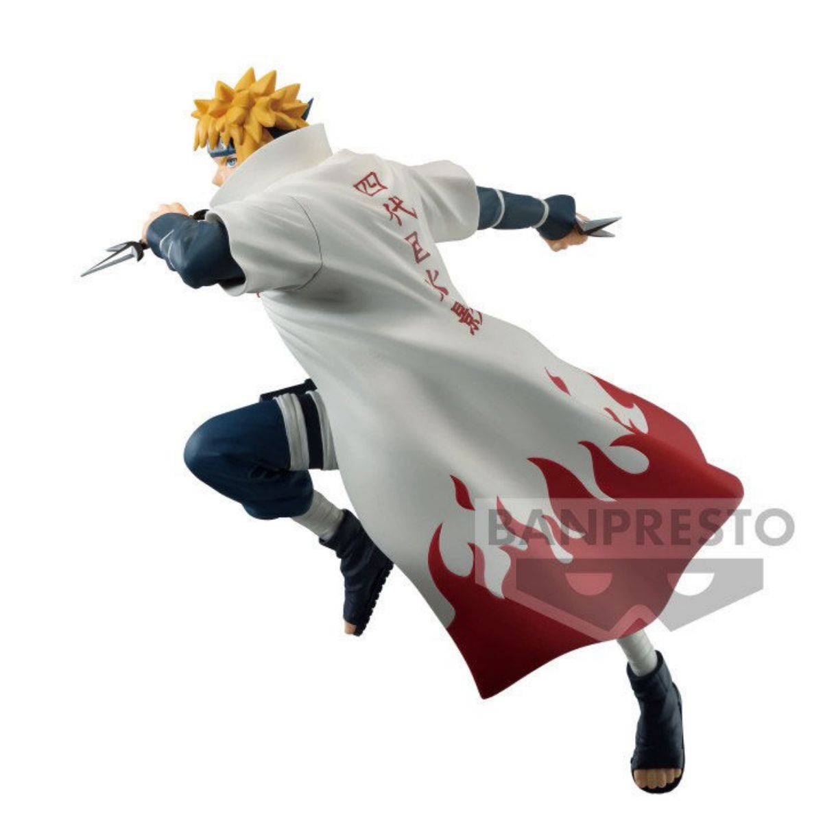 Naruto Shippuden Minato Namikaze action figure 18cm by Banpresto, posed mid-action with signature kunai and Hokage cloak billowing.