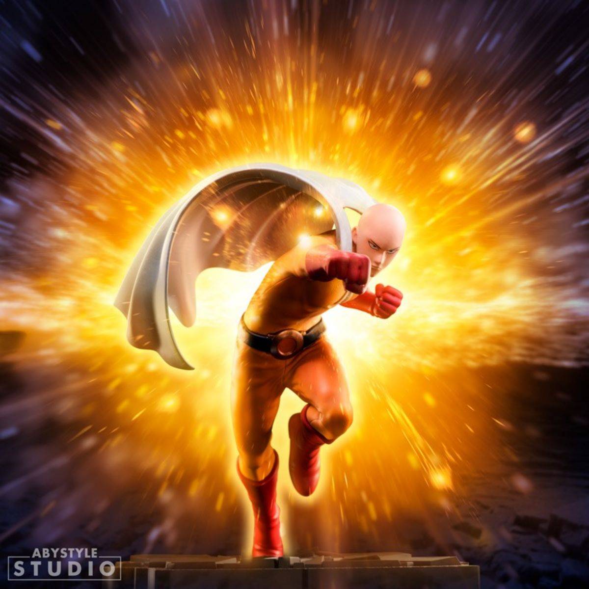 Saitama SFC Figure from ABYstyle Studio with an explosive background, highlighting his legendary punch and intense energy.