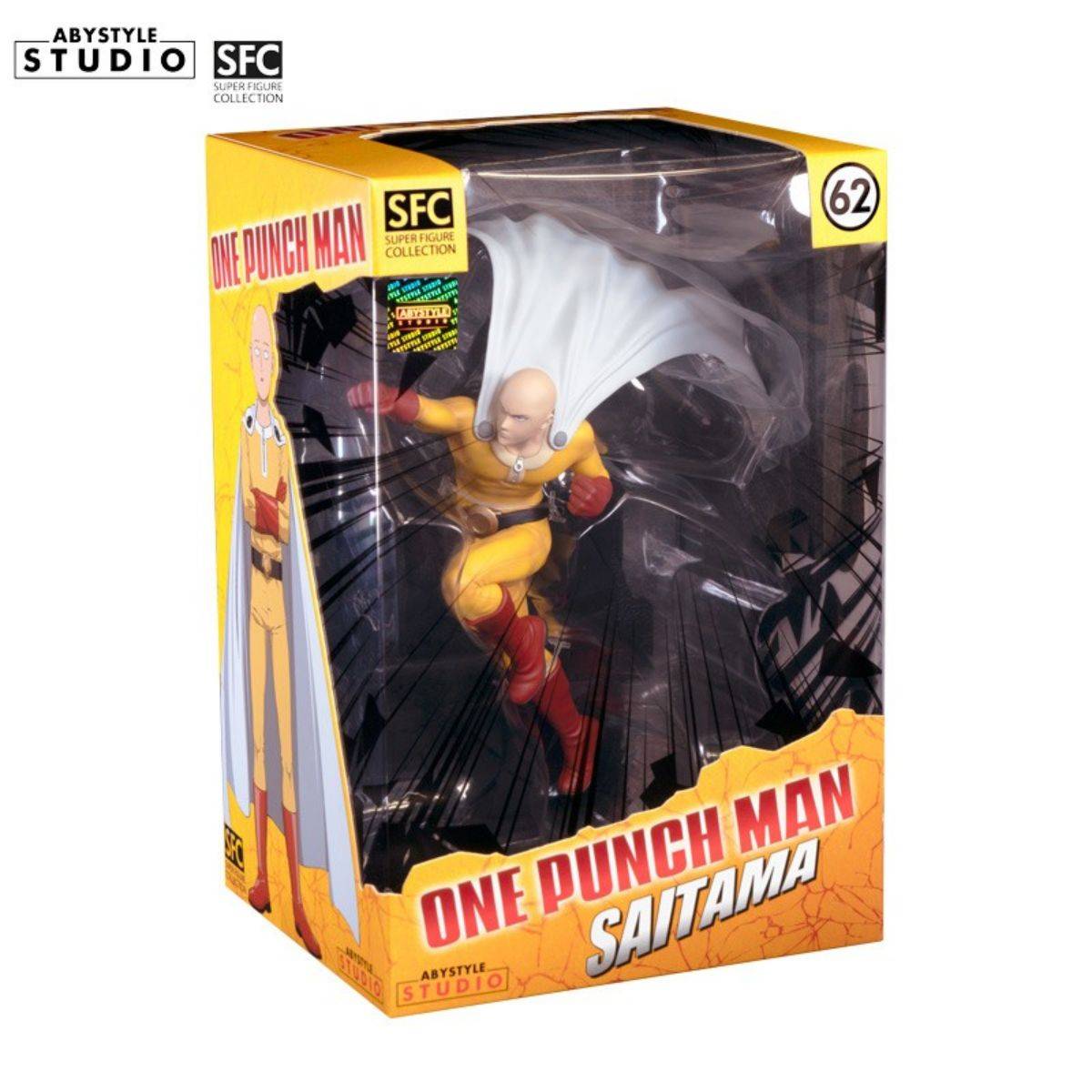 ABYstyle Studio One Punch Man Saitama SFC Figure in its original packaging, featuring bold artwork and a clear display window.