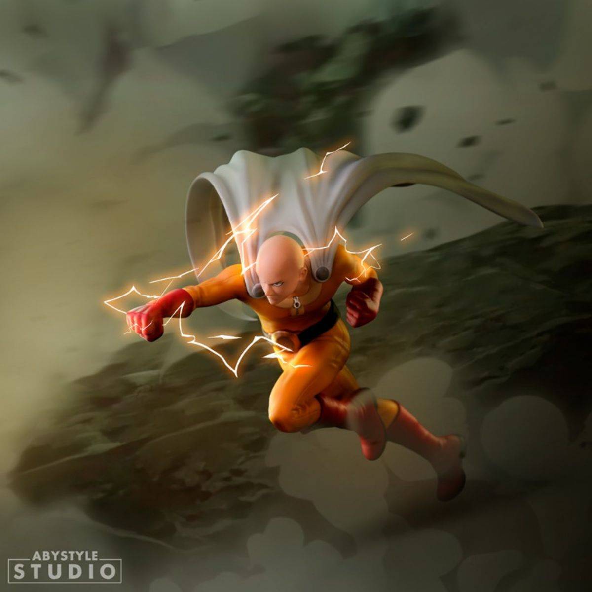 ABYstyle Studio Saitama SFC Figure mid-air with electric effects, capturing his speed and strength in a battle-ready stance.