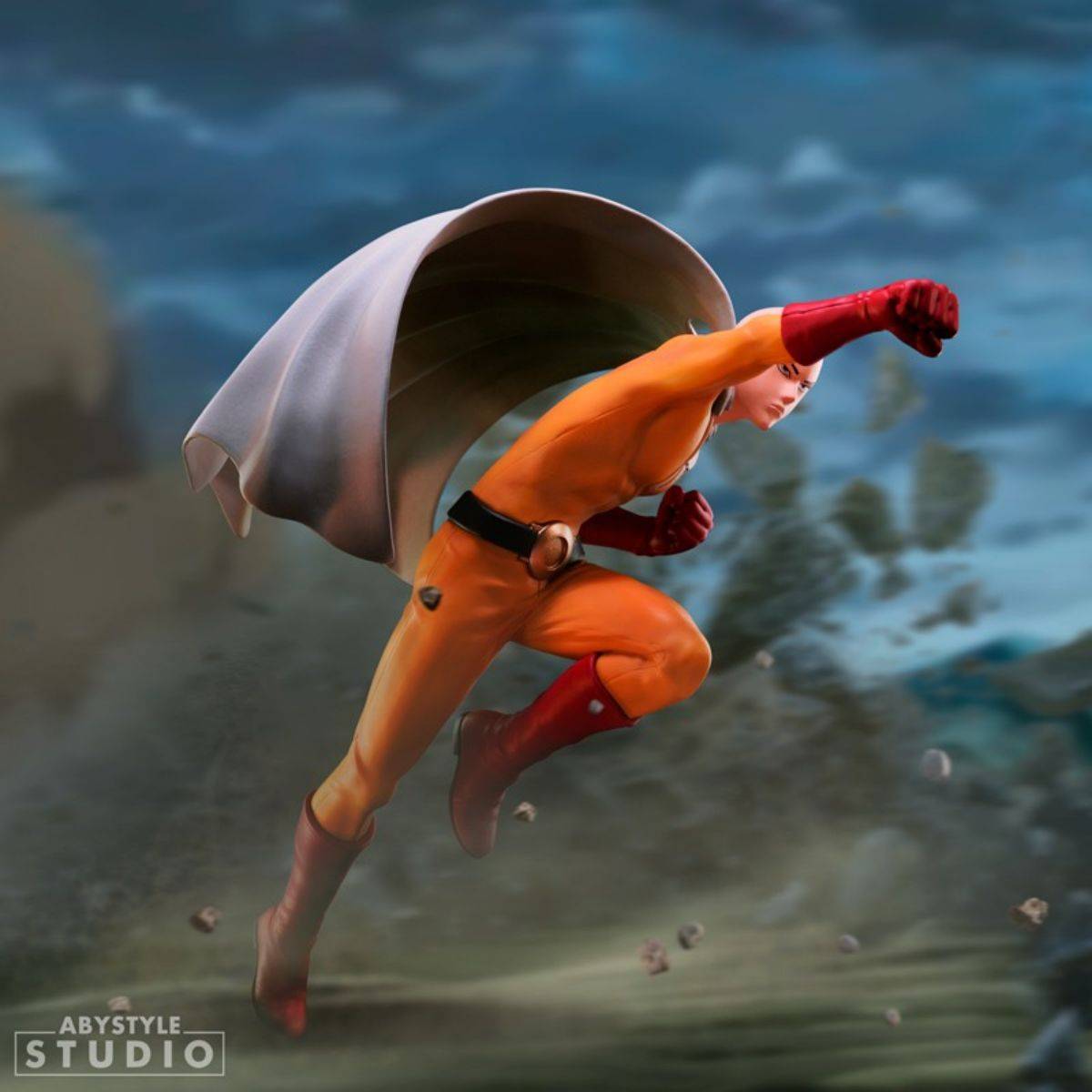 One Punch Man Saitama SFC Figure in a forward punch motion, set against a stormy backdrop, emphasizing his unstoppable force.