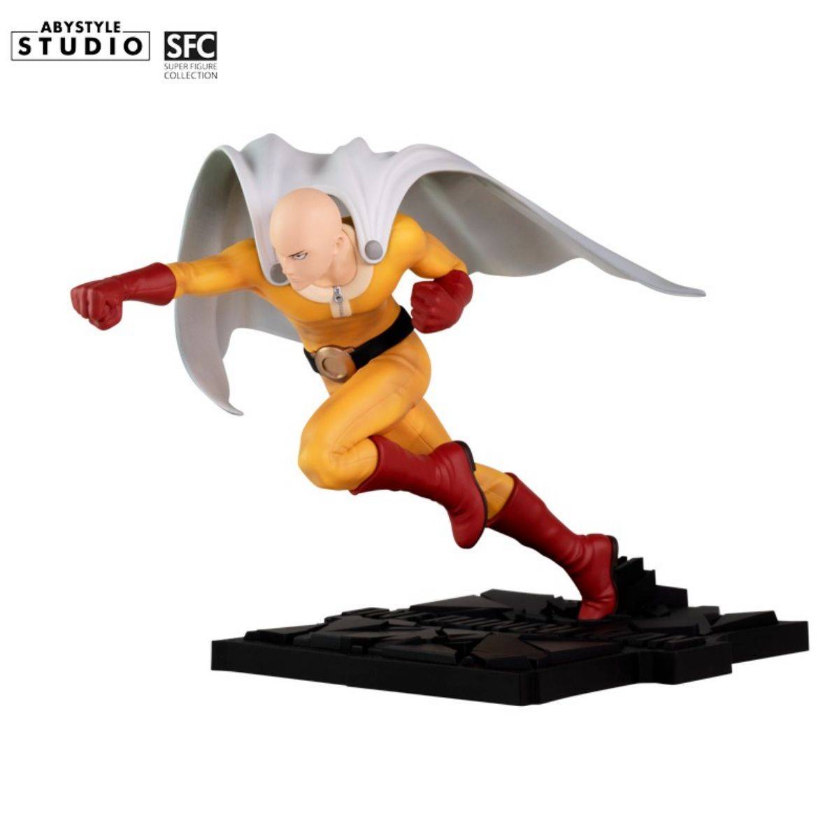 ABYstyle Studio One Punch Man Saitama SFC Figure side view, showing his determined expression and dynamic movement on a cracked base.
