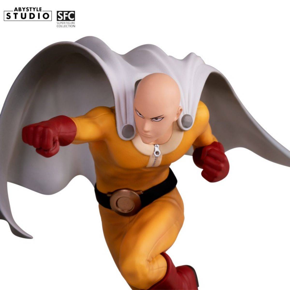 Close-up of ABYstyle Studio Saitama SFC Figure, showcasing intricate facial details and vibrant colors of his iconic hero suit.