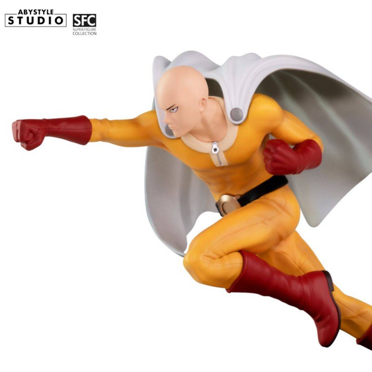 One Punch Man Saitama SFC Figure in mid-air punch pose, highlighting his intense expression and dynamic sculpt by ABYstyle Studio.