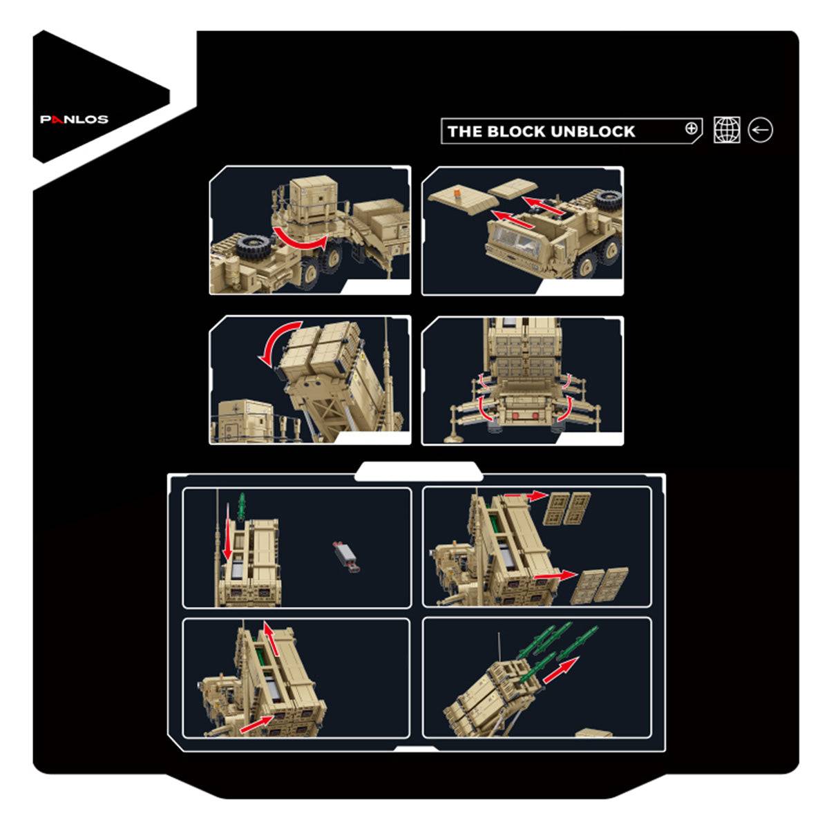 Instructional guide for the Panlos Brick M983 Missile Vehicle, displaying step-by-step assembly and functional missile launching features.