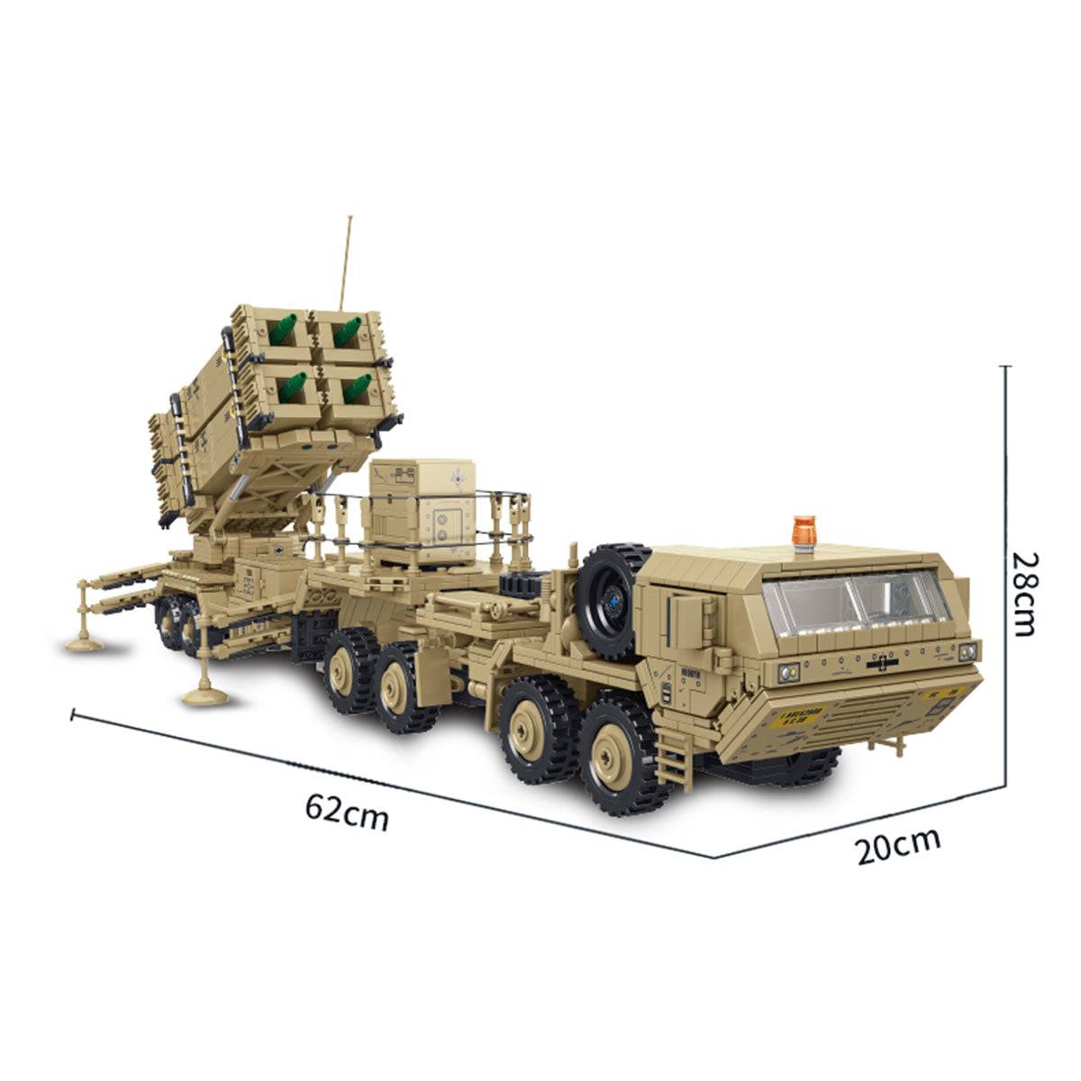 Panlos Brick M983 Missile Vehicle model dimensions, measuring 62cm in length, 20cm in width, and 28cm in height for an accurate scale build.