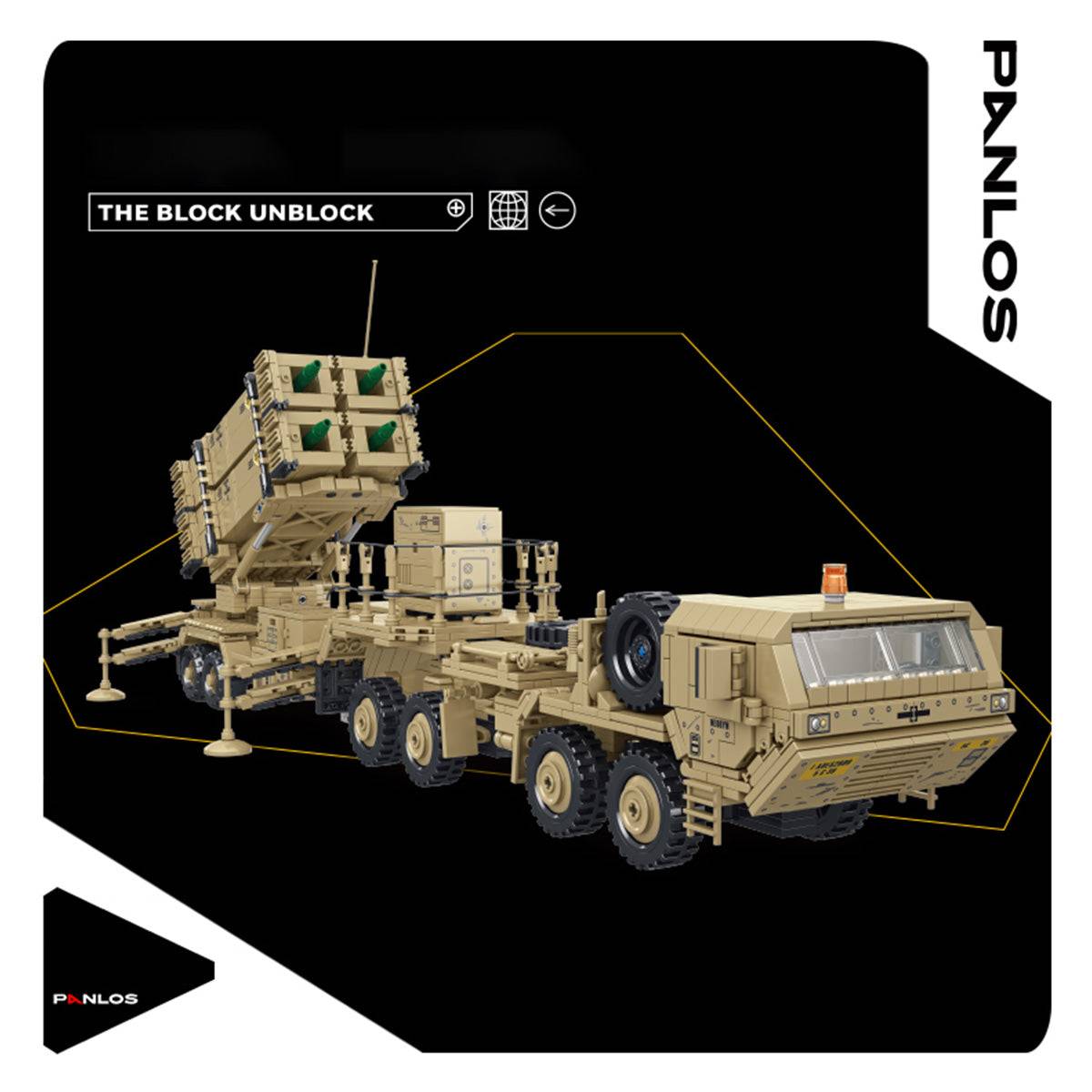 Panlos Brick M983 Missile Vehicle model in a dynamic pose, showing the missile launcher in an elevated position with detailed military aesthetics.