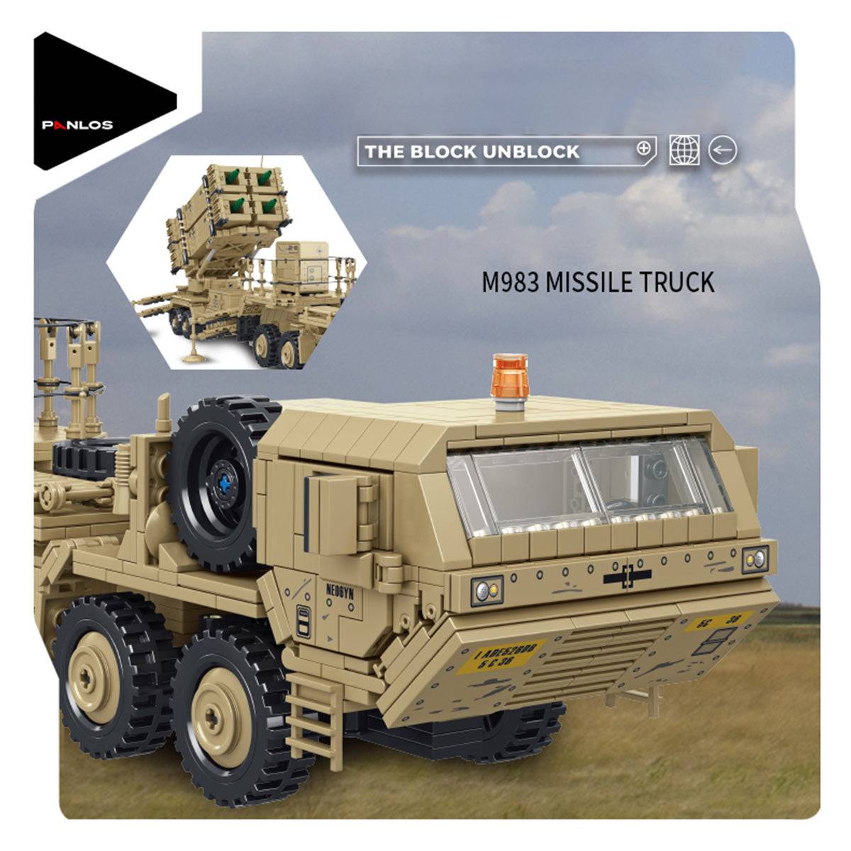 Close-up of the Panlos Brick M983 Missile Truck, highlighting the front cabin design and intricate details of the military vehicle model.