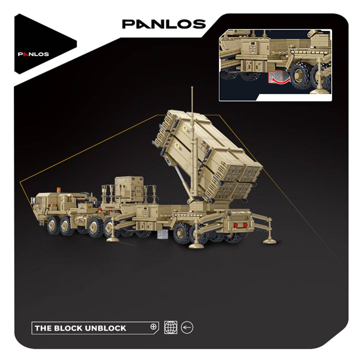 Side view of the Panlos Brick M983 Missile Vehicle with a raised missile launcher, demonstrating its realistic military design and functionality.