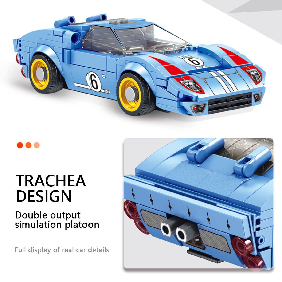 Close-up of Panlos Brick Racing Car's trachea design with dual exhaust simulation. High-quality details for an immersive building experience.
