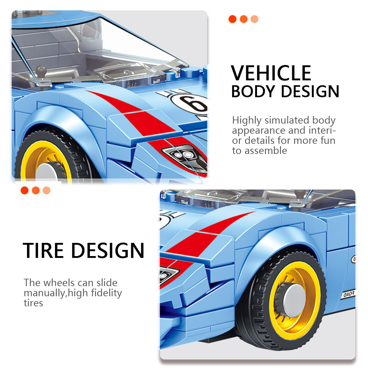 Panlos Brick Racing Car with a highly simulated body and tire design. Manually sliding wheels enhance the realistic racing experience.