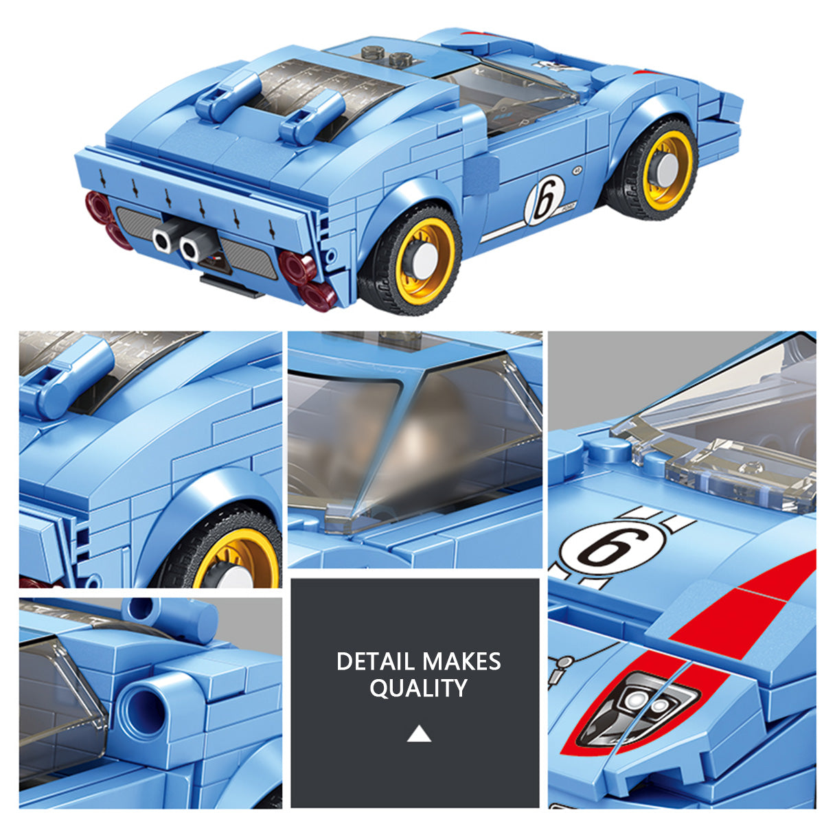 Detailed view of Panlos Brick Racing Car showcasing high-quality craftsmanship. Features realistic headlights, windshield, and body design.