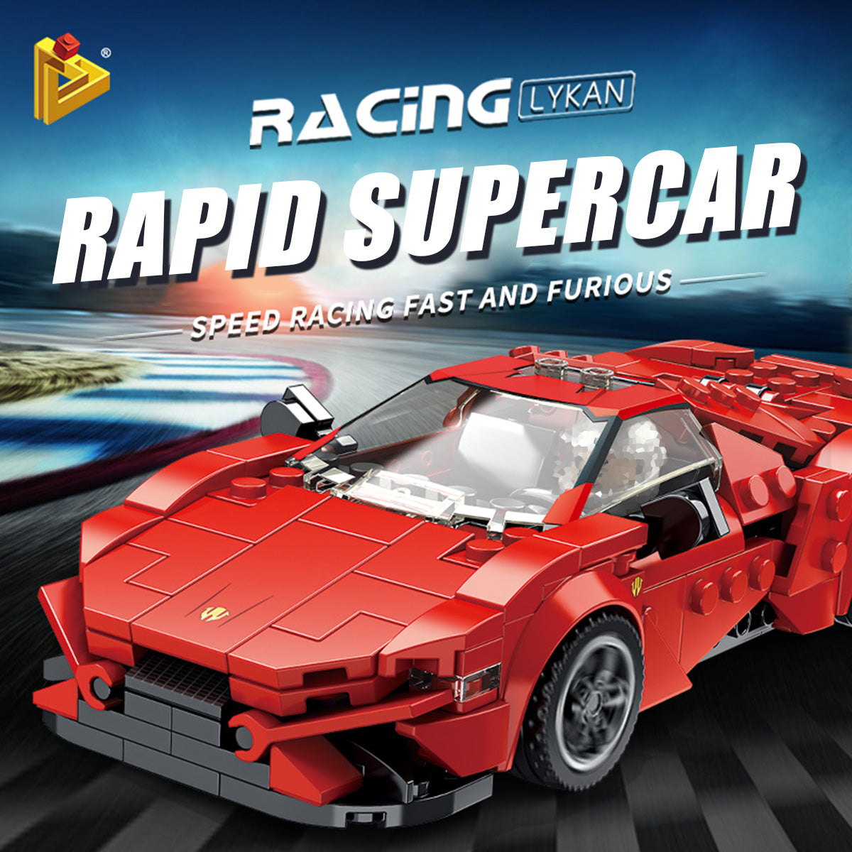 Panlos Brick Rapid Supercar Racing Lykan set with a dynamic racing background. Perfect for speed enthusiasts and young builders.