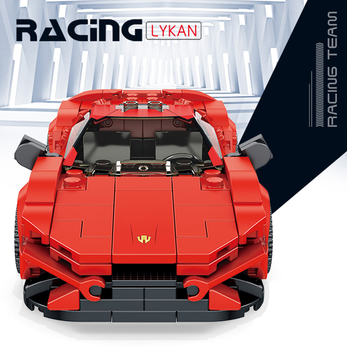 Front view of Panlos Brick Racing Lykan with realistic headlights and hood details. A must-have for car lovers and builders.