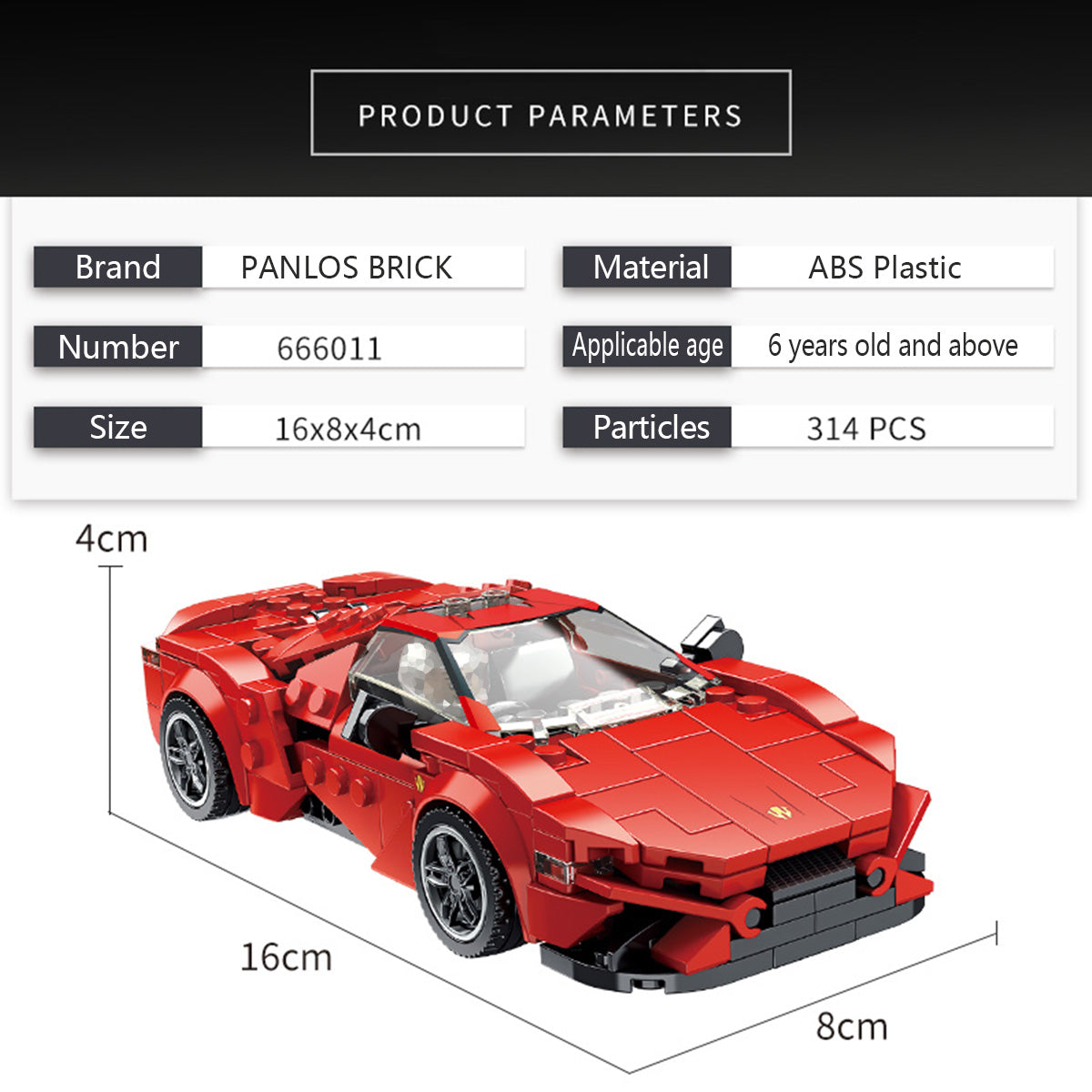 Panlos Brick Racing Lykan product parameters with 314 pieces. Made of ABS plastic for durability and creative play.