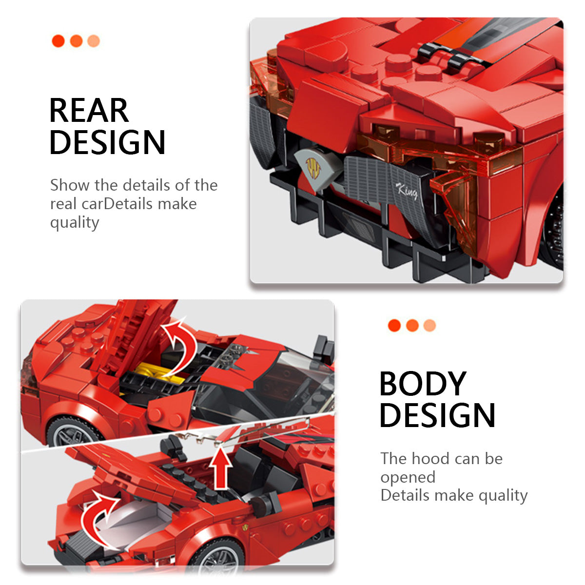 Panlos Brick Racing Lykan rear and body design with opening hood. High-quality details for an immersive building experience.