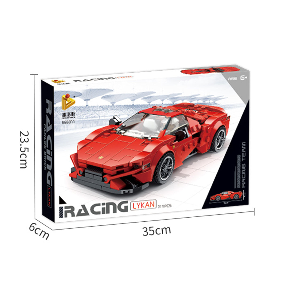 Panlos Brick Racing Lykan packaging with dimensions. A perfect gift for kids and car enthusiasts aged 6 and above.
