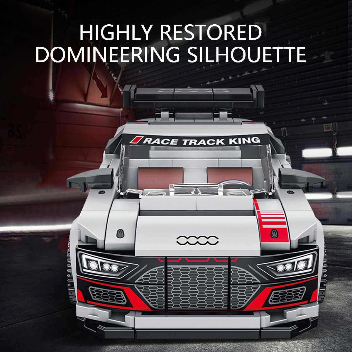 Front view of Panlos Brick Racing R8 with a domineering silhouette. Features realistic headlights, grille, and aerodynamic design.