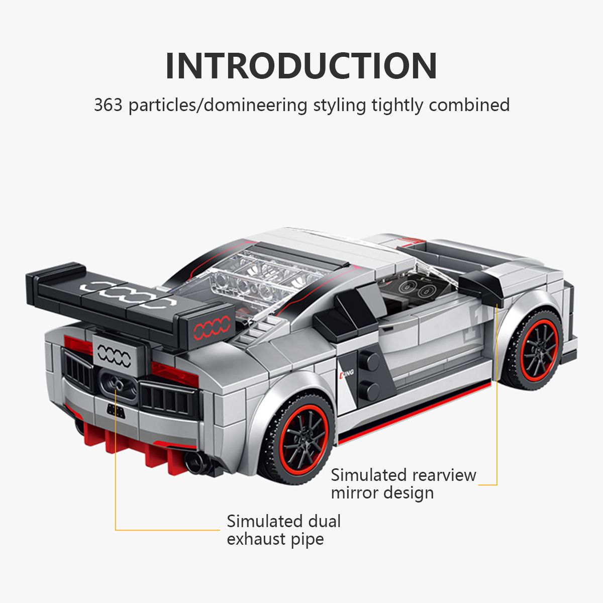 Panlos Brick Racing R8 introduction with 363 pieces. Features simulated rearview mirrors and dual exhaust pipes for realism.