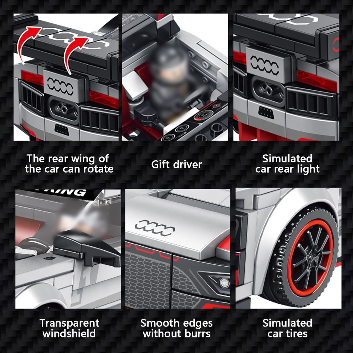 Detailed view of Panlos Brick Racing R8 with rotating rear wing and simulated car tires. High-quality craftsmanship for an engaging build.