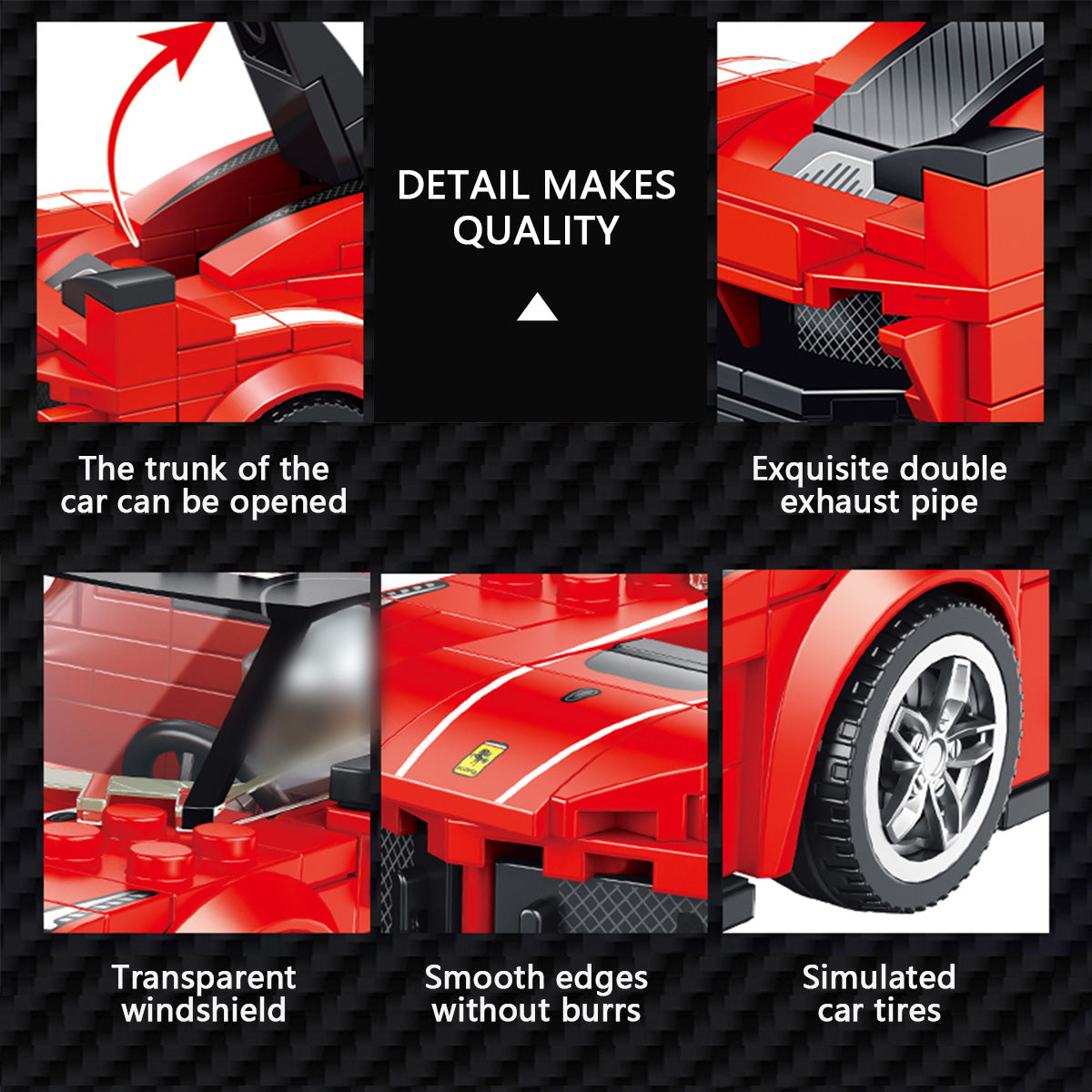 Detailed view of Panlos Brick Racing FXX with opening trunk and simulated exhaust pipes. High-quality craftsmanship for an engaging build.