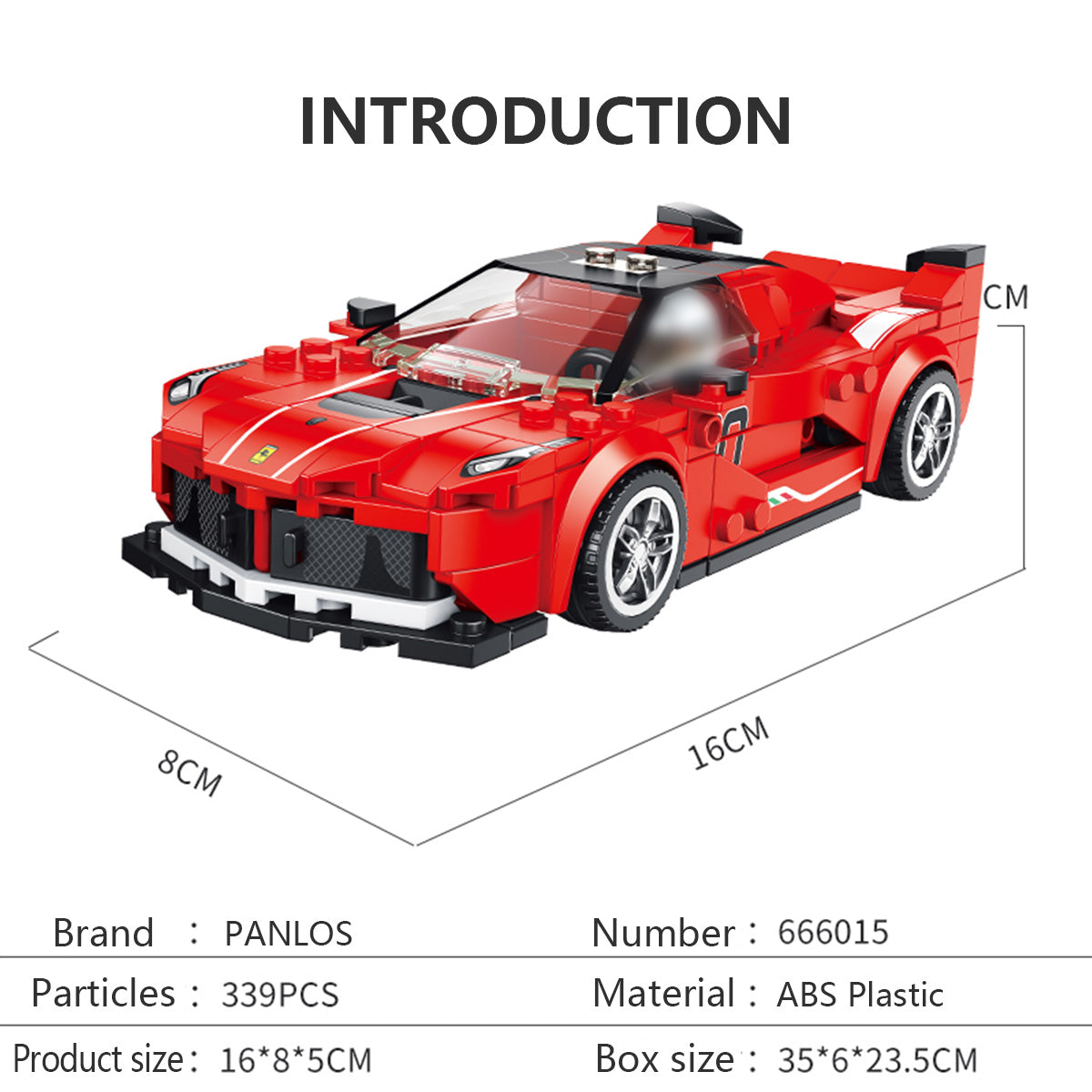 Panlos Brick Racing FXX product parameters with ABS plastic material. A fun and challenging building set for kids and collectors.