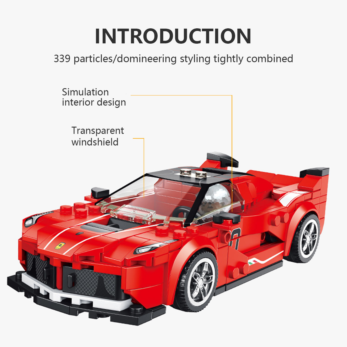 Panlos Brick Racing FXX introduction with 339 pieces. Features simulated interior design and transparent windshield for realism.