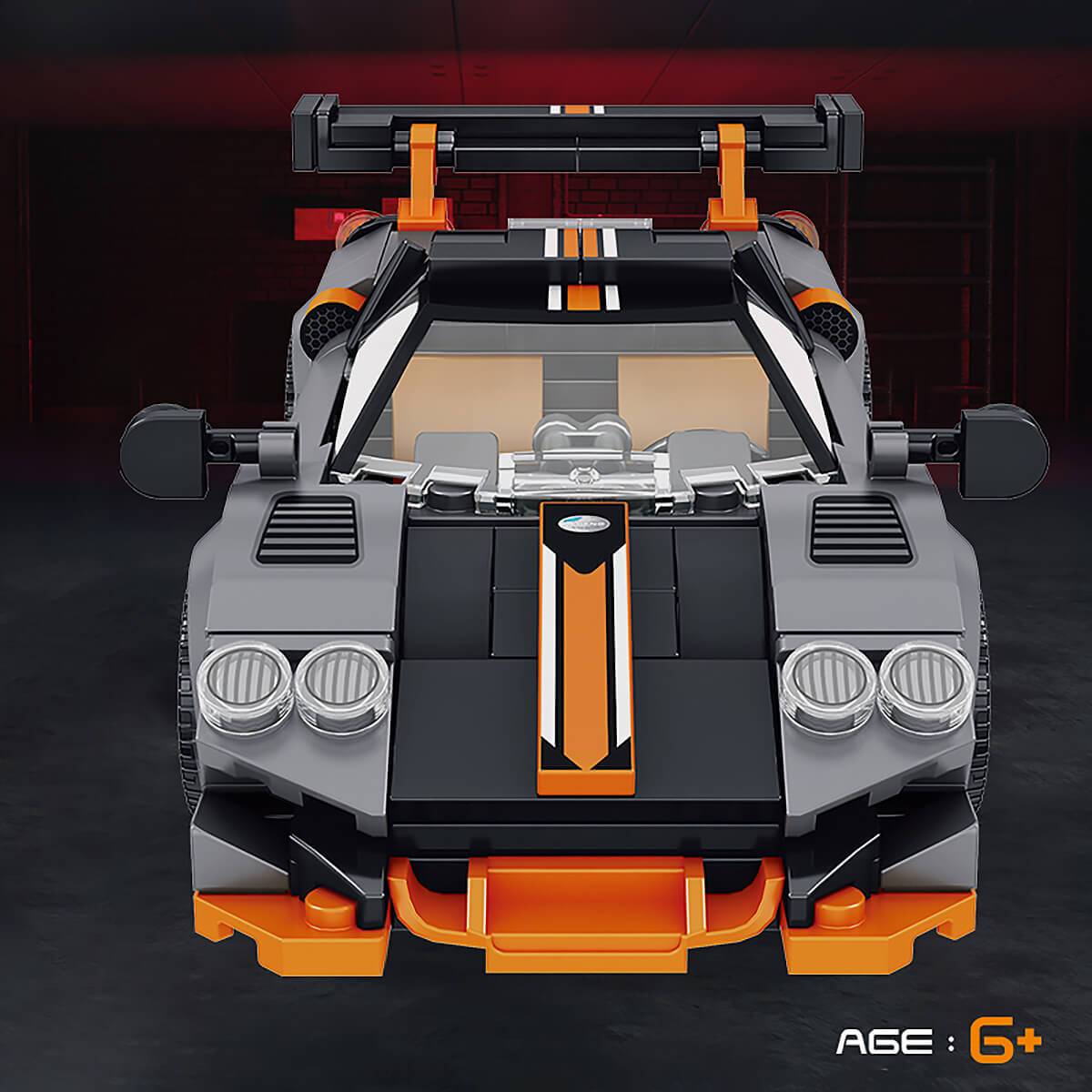 Detailed view of Panlos Brick Racing Hyayra with opening front cover and simulated rear lights. High-quality craftsmanship for an engaging build.