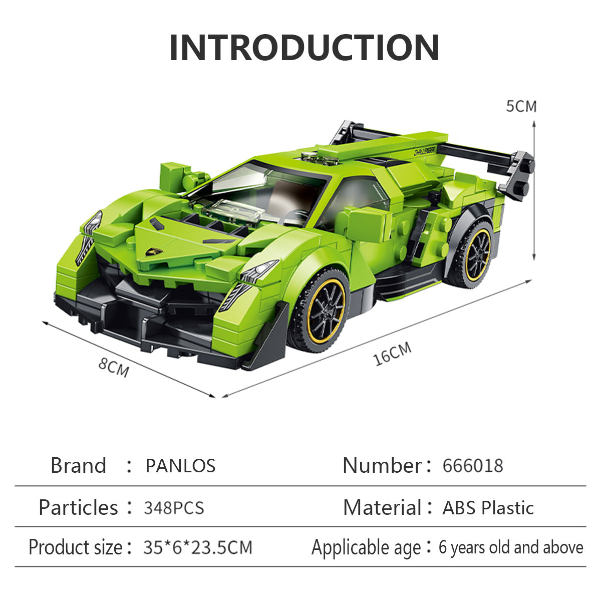Panlos Brick Sports Racing Car Building Blocks set with 348 pieces. Features a green sports car model made of ABS plastic, measuring 35*23.5CM. Ideal for kids aged 6 and above.