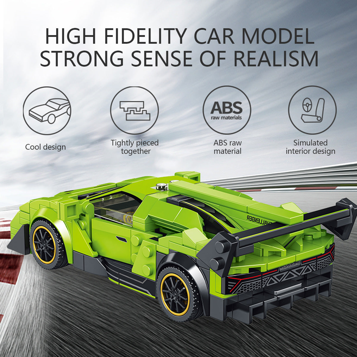Detailed view of Panlos Brick Racing Veneno with opening trunk and simulated car wheels. High-quality craftsmanship for an engaging build.