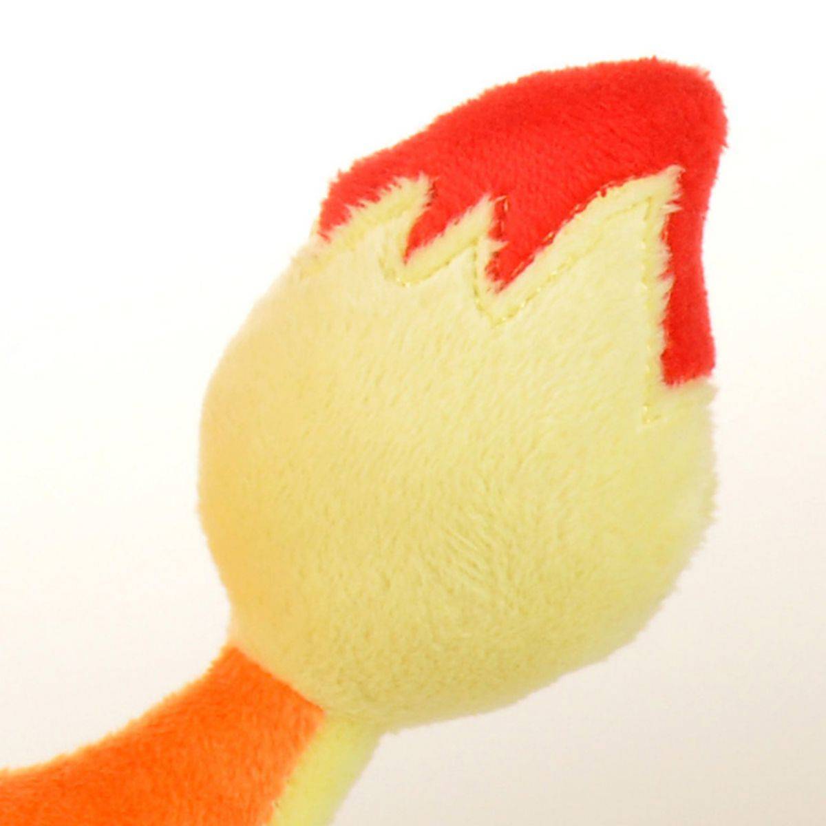 Detailed view of the Pokemon Charmander plush toy's flame tail, featuring soft red and yellow fabric. A perfect addition to any Pokemon merchandise collection.