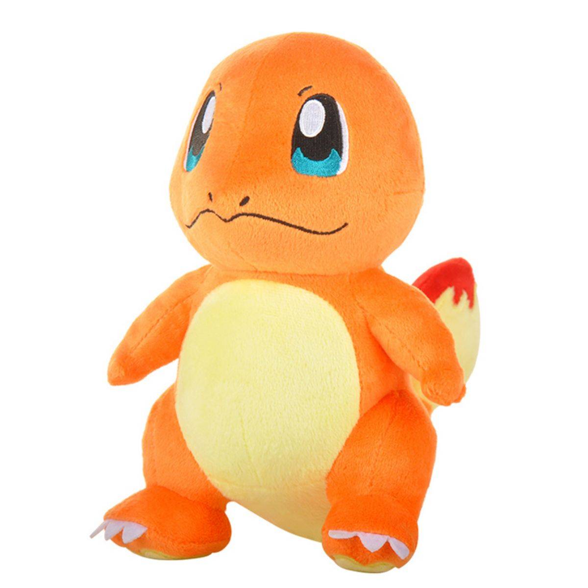 Side view of the Pokemon Charmander plush toy 30cm, highlighting its adorable design, soft texture, and detailed stitching. Ideal for cuddling and display.