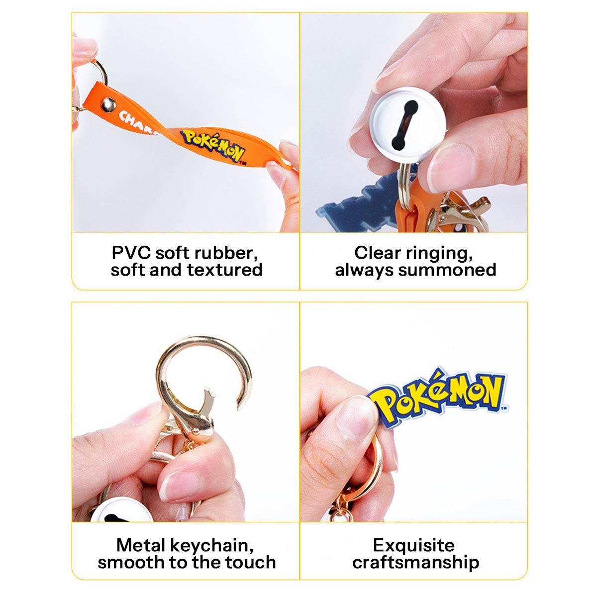 Close-up of Pokemon keychain details, featuring soft PVC rubber, metal keyring, and clear ringing bell. High-quality craftsmanship.