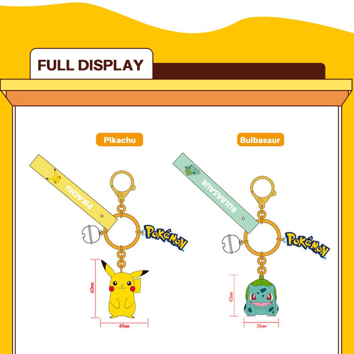 Full display of Pikachu and Bulbasaur Pokemon figure keychains with wrist straps and Pokeball charms. Perfect for collectors.
