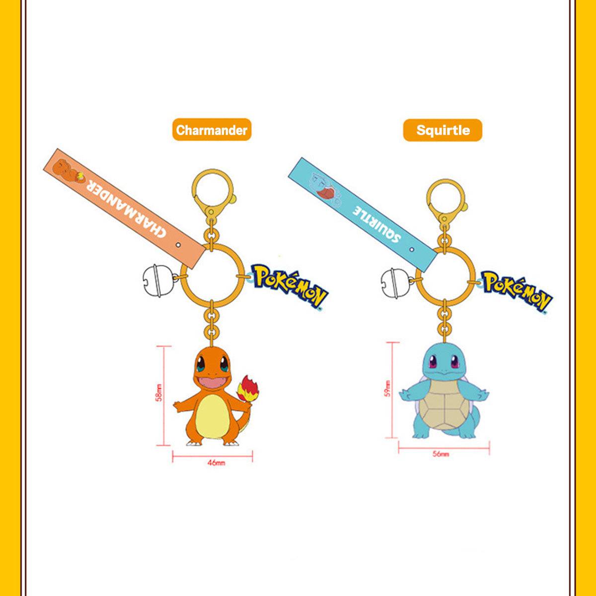 Charmander and Squirtle Pokemon figure keychains with wrist straps and Pokeball charms. A fun and stylish anime accessory.