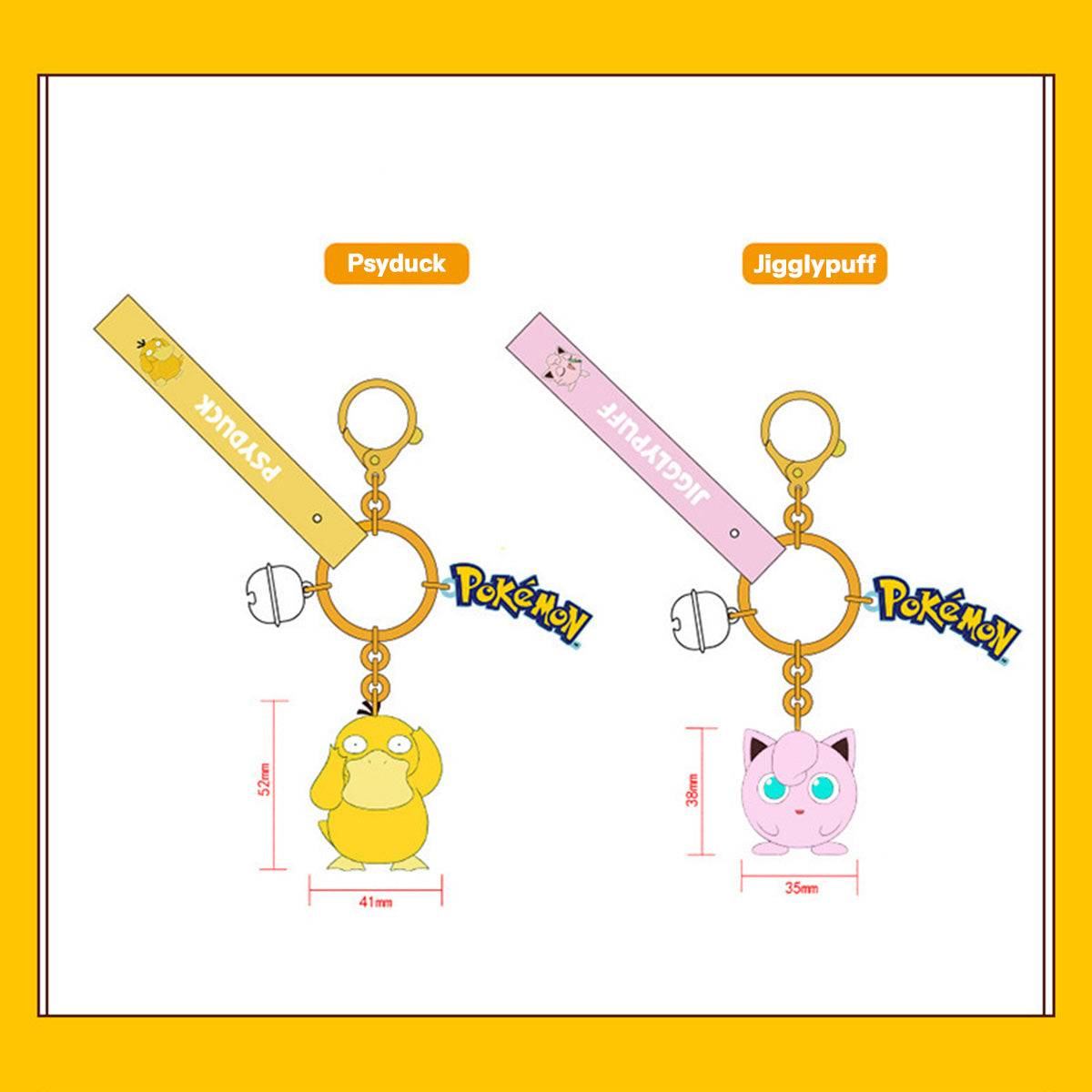Psyduck and Jigglypuff Pokemon figure keychains with wrist straps and Pokeball charms. A cute and collectible keychain set.