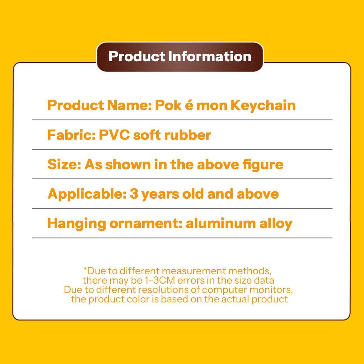 Product information for Pokemon figure keychains, made of PVC soft rubber with aluminum alloy hanging ornament. Suitable for ages 3+.