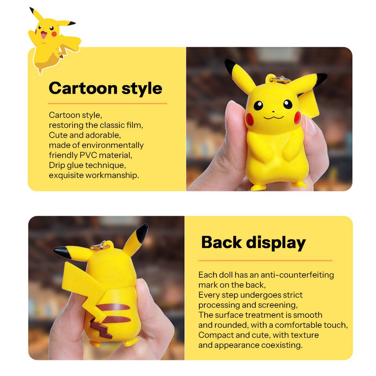 Pikachu Pokemon keychain showcasing cartoon-style design and anti-counterfeiting mark. A durable and stylish anime collectible.