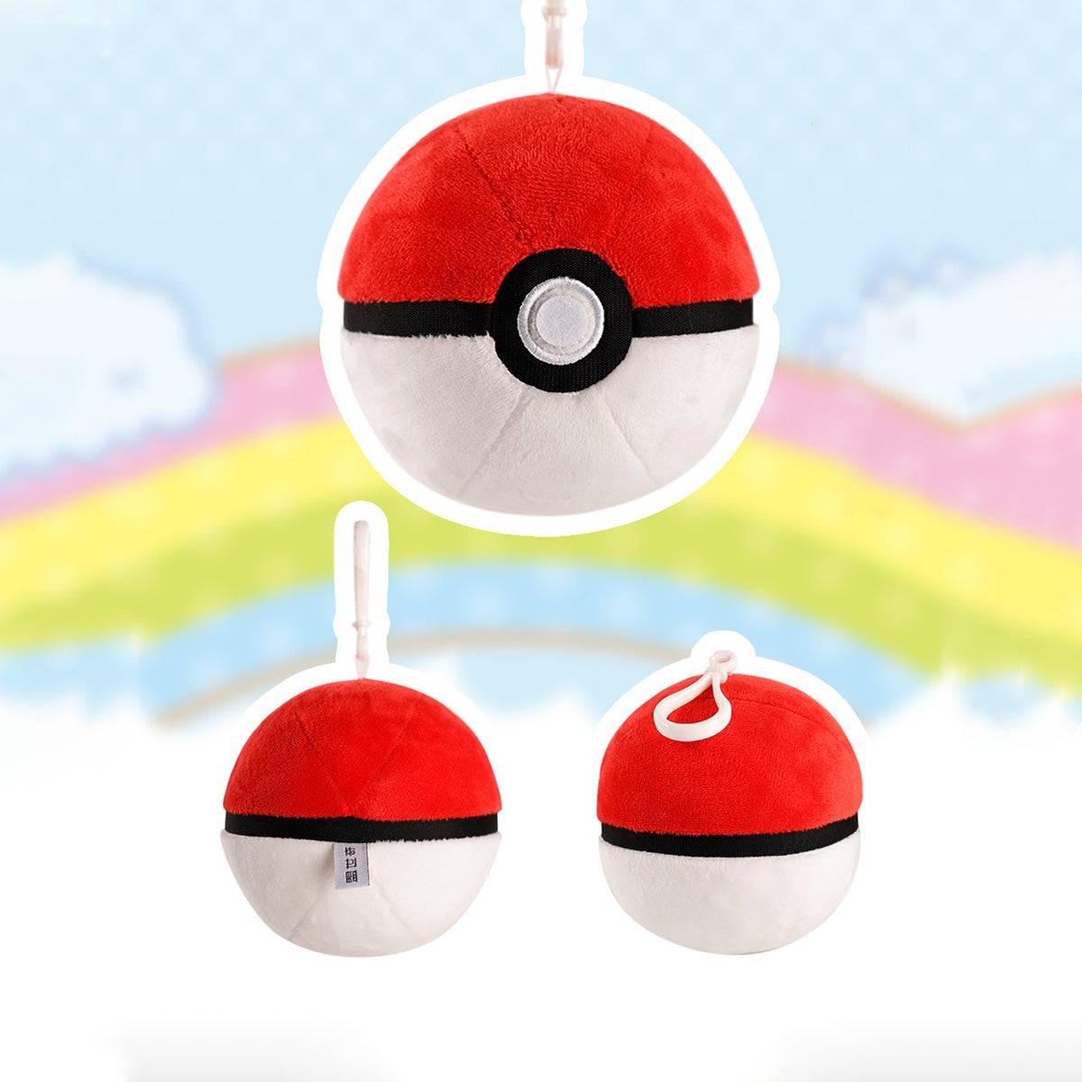 Multiple angles of the Pokemon Plush Pokeball Keychain (10cm) against a colorful background. Soft and portable for everyday use.