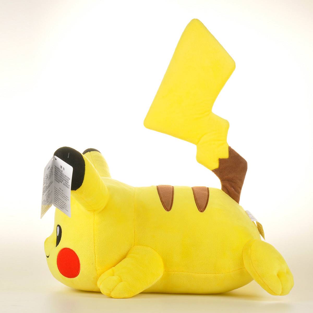 Pokemon Stuffed Plush Toys Lying Pikachu 40cm from a side angle, highlighting its soft plush body, brown stripes, and cute embroidered details.