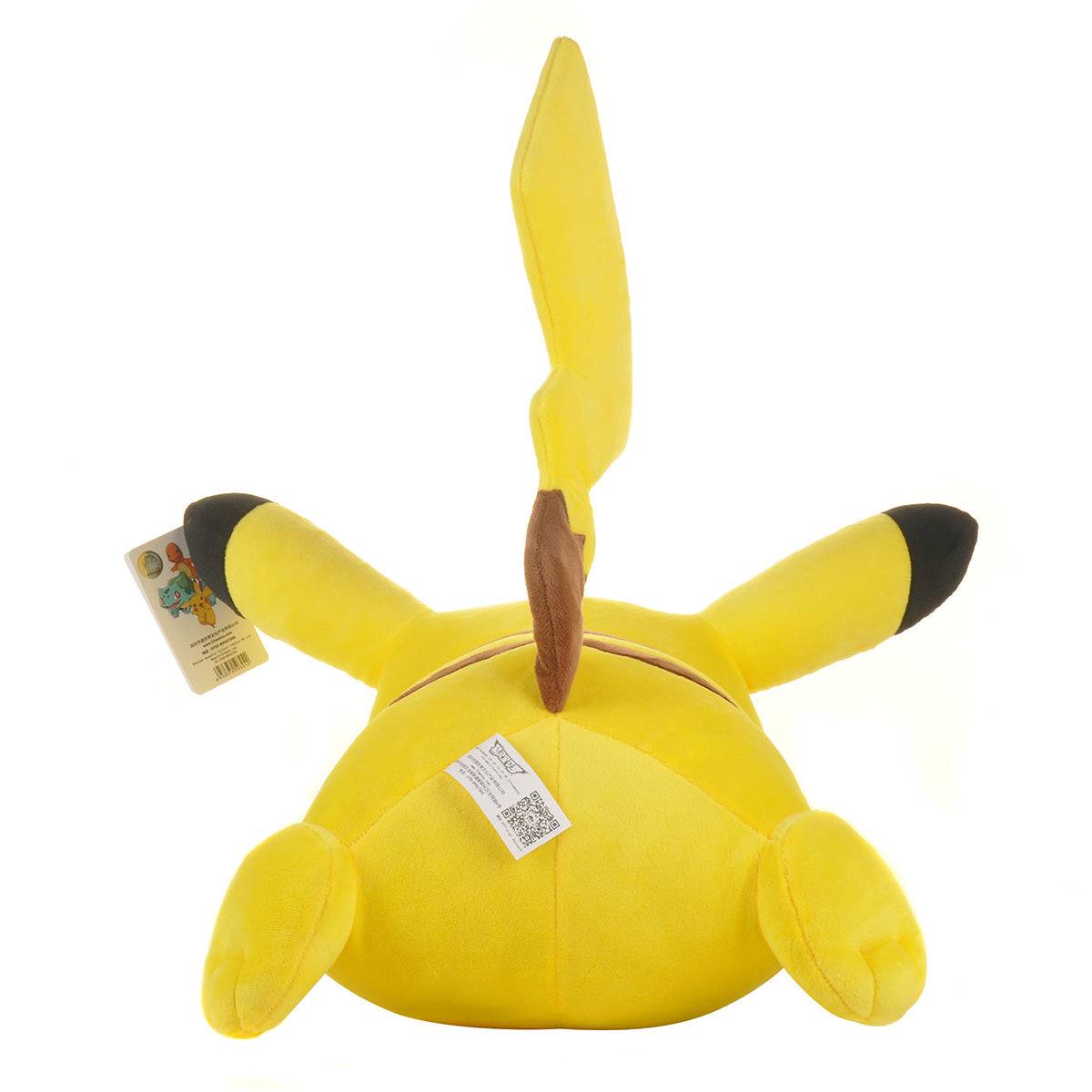 Back view of Pokemon Stuffed Plush Toys Lying Pikachu 40cm, featuring its signature lightning bolt tail, brown stripes, and plush cuddly design.