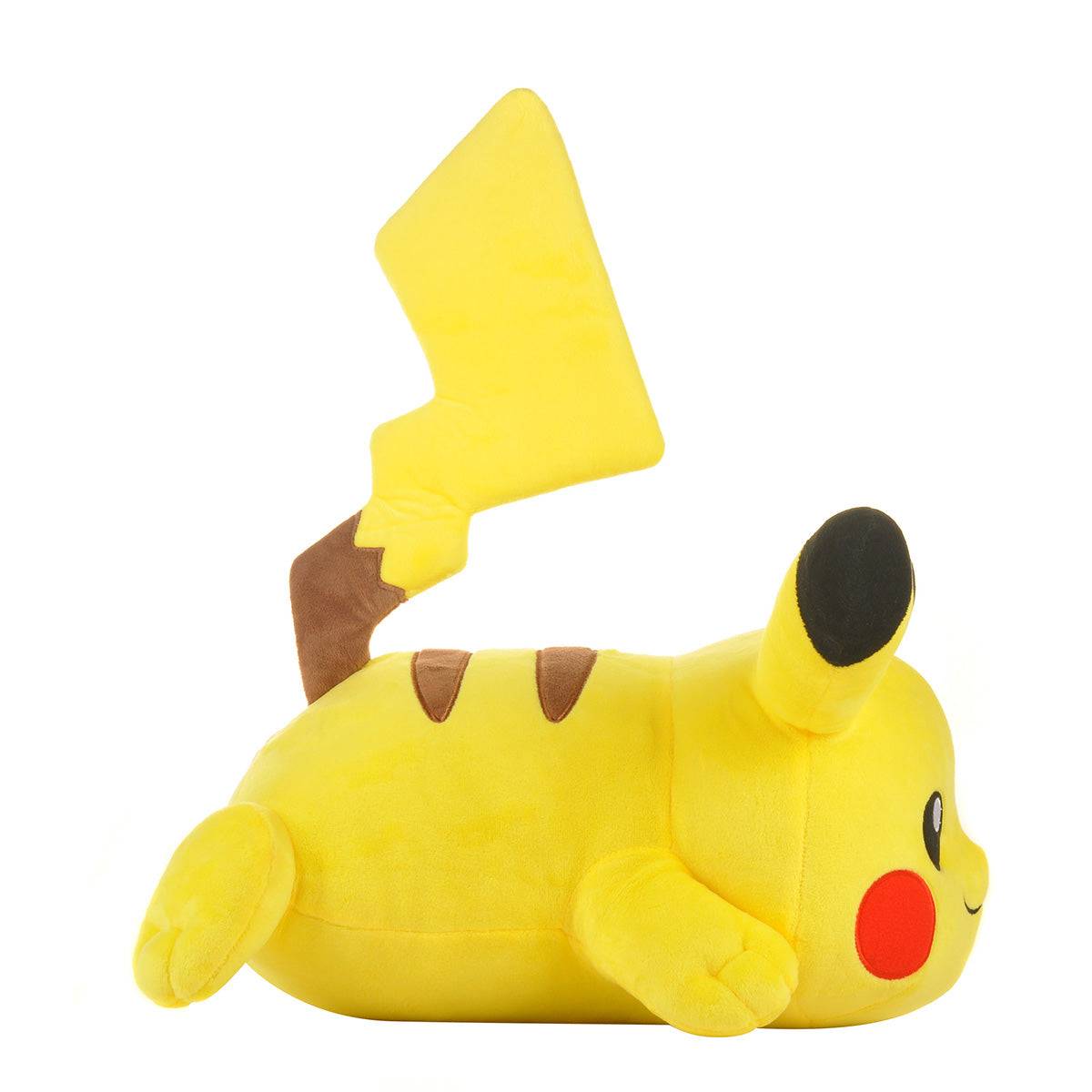Side profile of Pokemon Stuffed Plush Toys Lying Pikachu 40cm, showcasing its soft plush material, embroidered facial features, and cute paws.