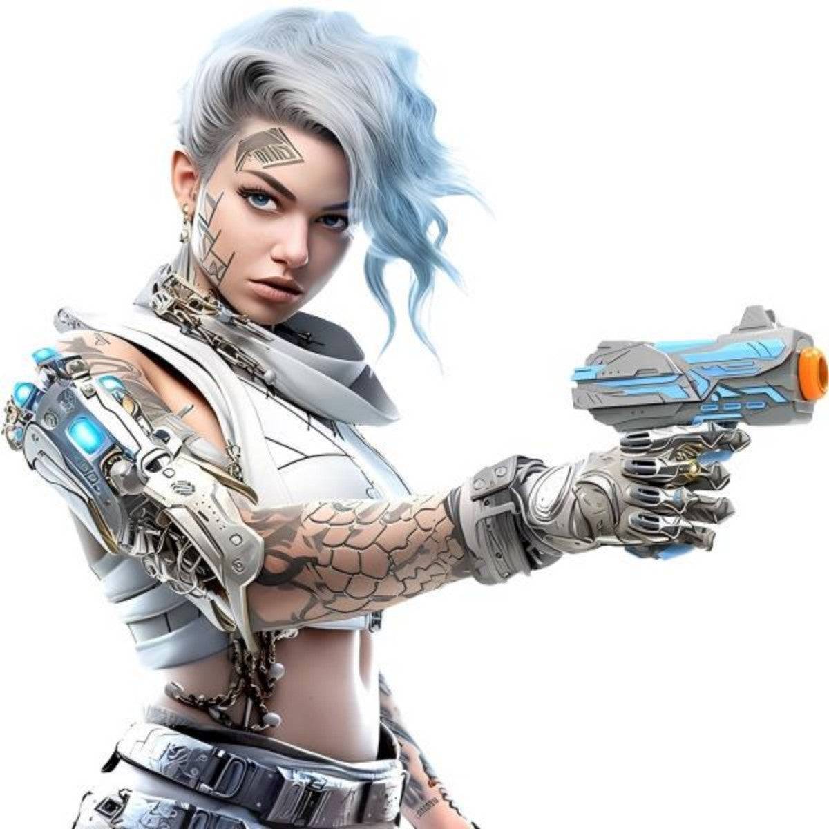 Futuristic female character holding the FJ9001 Soft Foam Dart Blaster Toy Gun in blue, featuring cybernetic enhancements and a sci-fi aesthetic for immersive play.